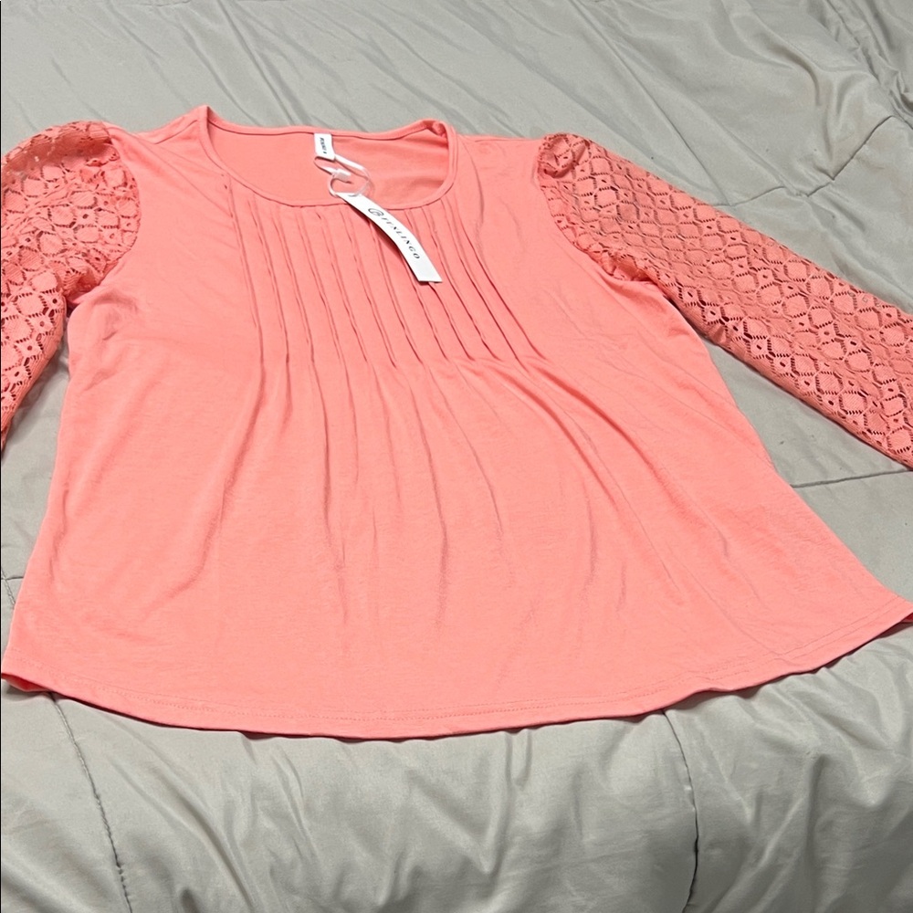 Elegant Lace Sleeve Coral Blouse